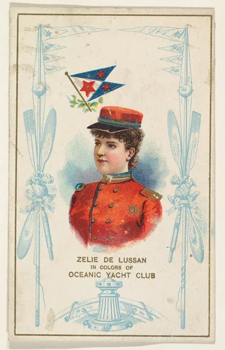 Zelie de Lussan in Colors of Oceanic Yacht Club, from the Yacht Colors of the World series (N140) issued by Duke Sons & Co. to promote Honest Long Cut Tobacco by W. Duke, Sons & Co., print, 1890