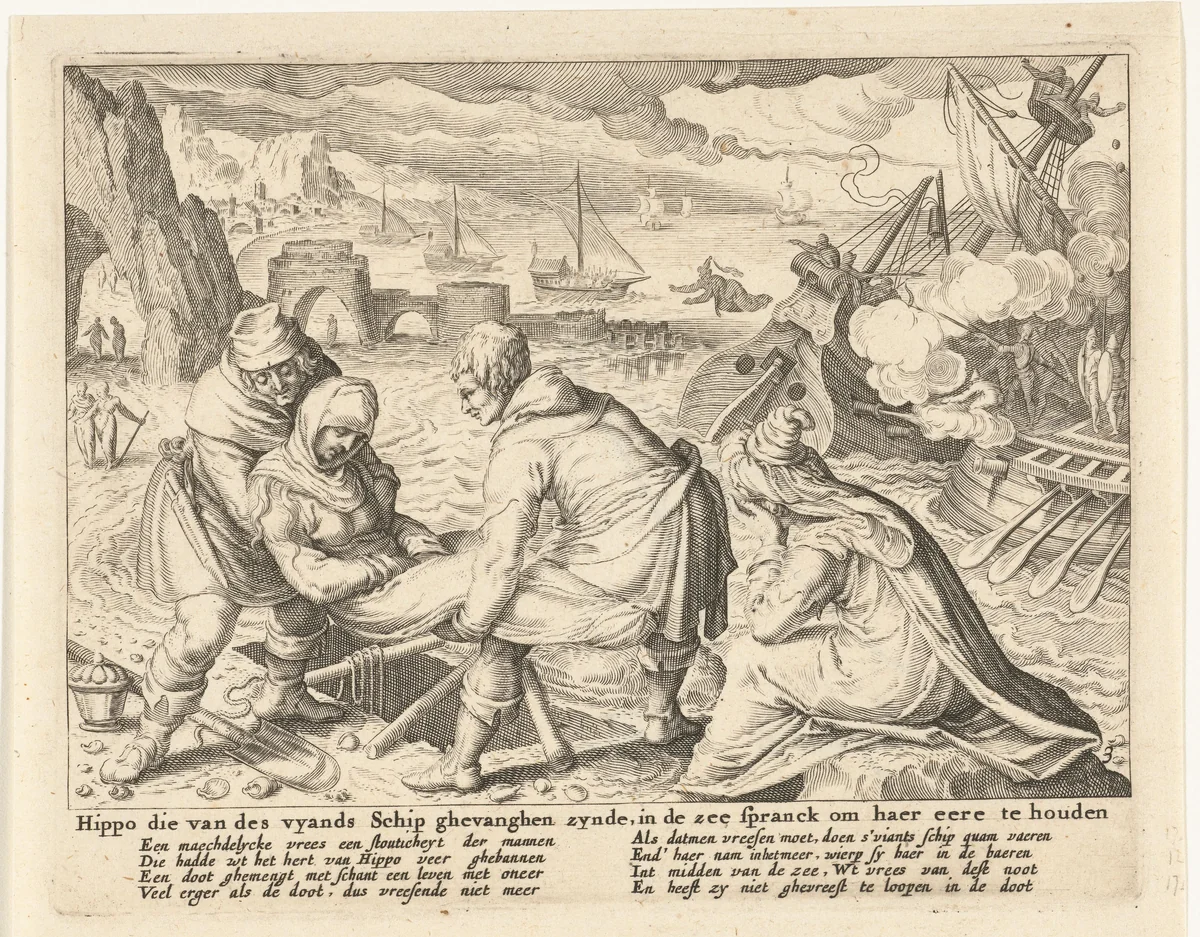 Begrafenis van de verdronken Hippo by Zacharias Dolendo, print, 1615-1652