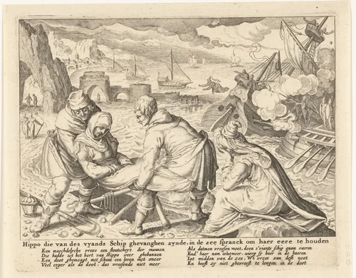Begrafenis van de verdronken Hippo by Zacharias Dolendo, print, 1615-1652