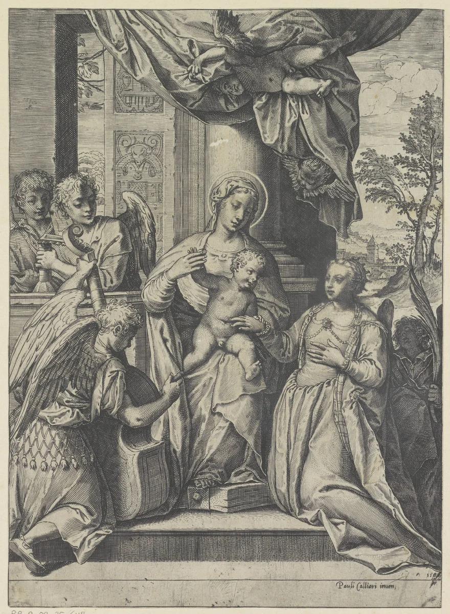 Mystieke huwelijk van de heilige Catharina by Agostino Carracci, print, 1585