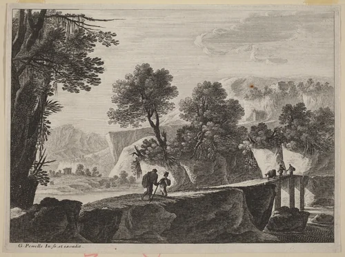 Travelers Approaching a Bridge by Gabriel Perelle, print, 1603-1677