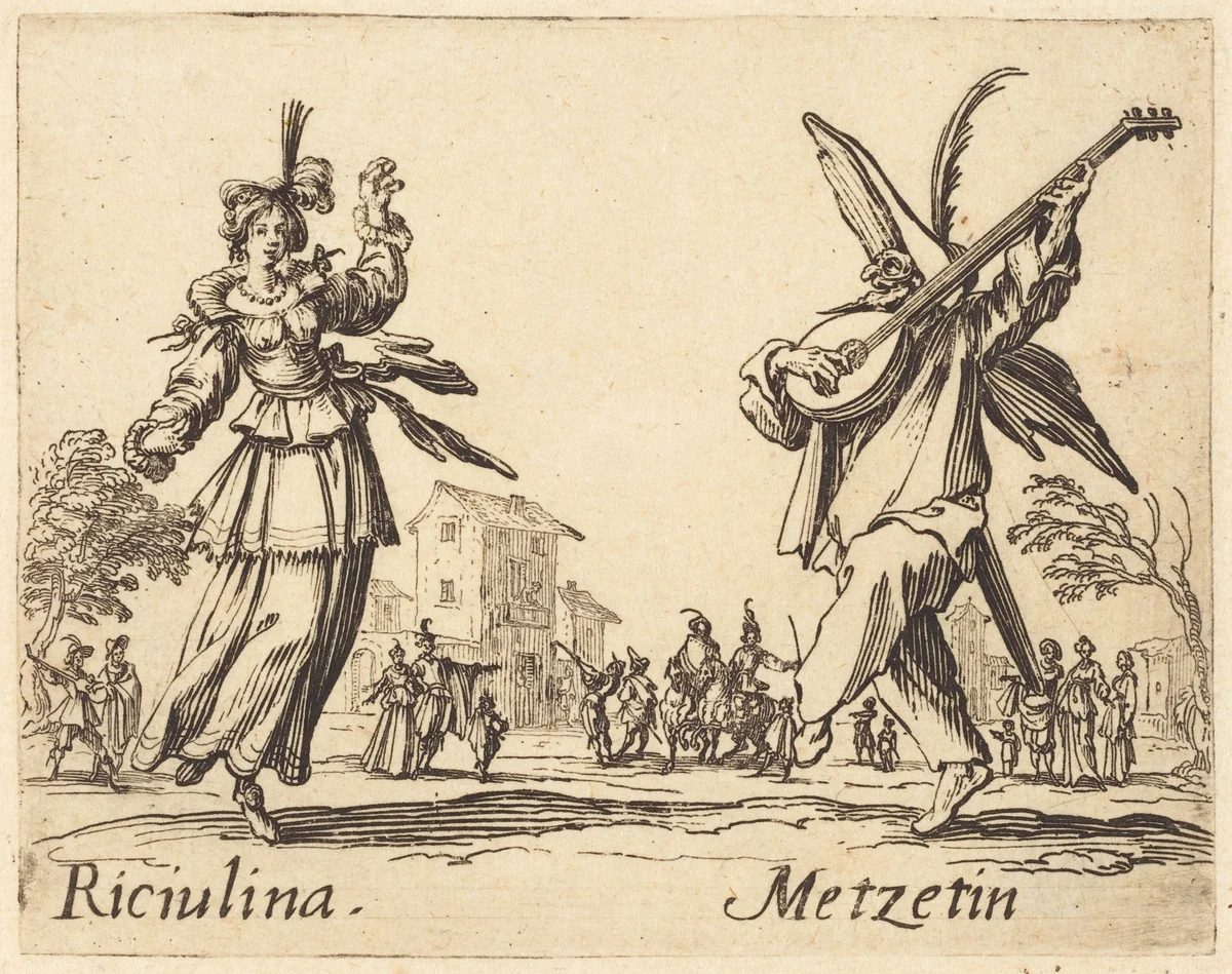 Riciulina and Metzetin by Jacques Callot, print, 1622