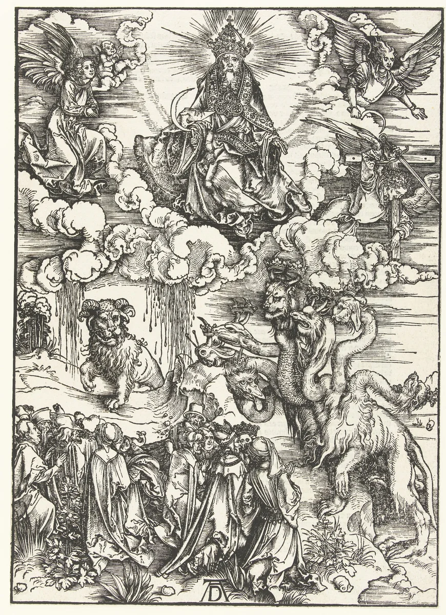 Christus met een sikkel, het beest met de hoorns als van een lam en de zevenkoppige draak by Unknown, print, 1496-1497