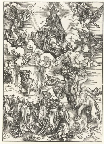 Christus met een sikkel, het beest met de hoorns als van een lam en de zevenkoppige draak by Unknown, print, 1496-1497