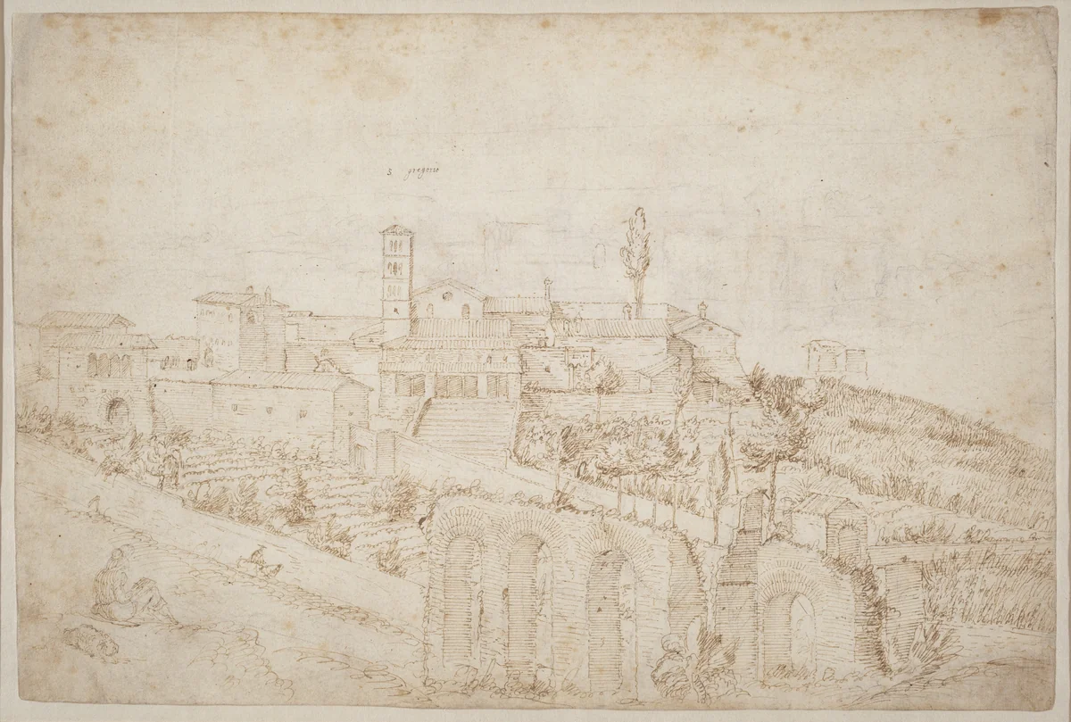 The Church of S. Gregorio Magno on the Celian Hill (verso) by Antonie van den Wyngaerde, drawing, 1553