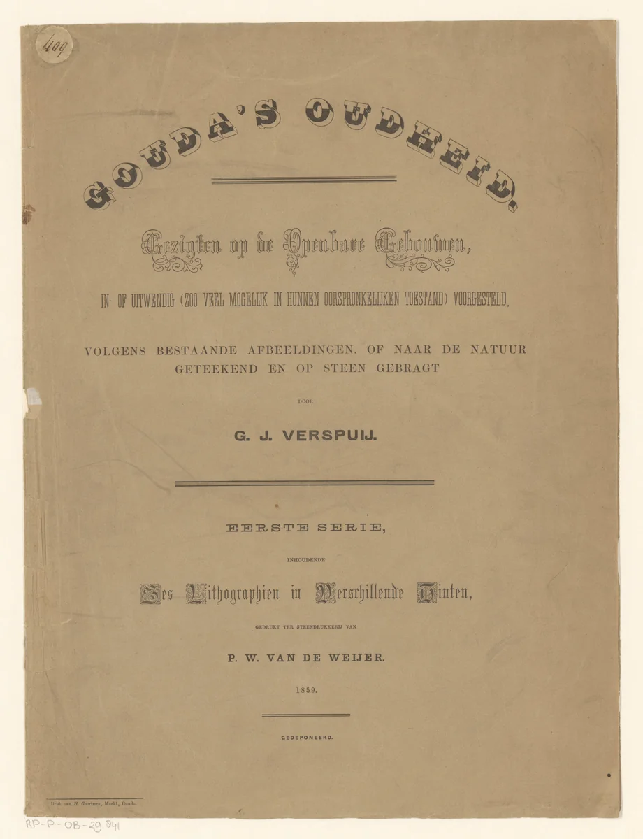 Omslag voor een serie van gezichten te Gouda by anonymous, print, 1859