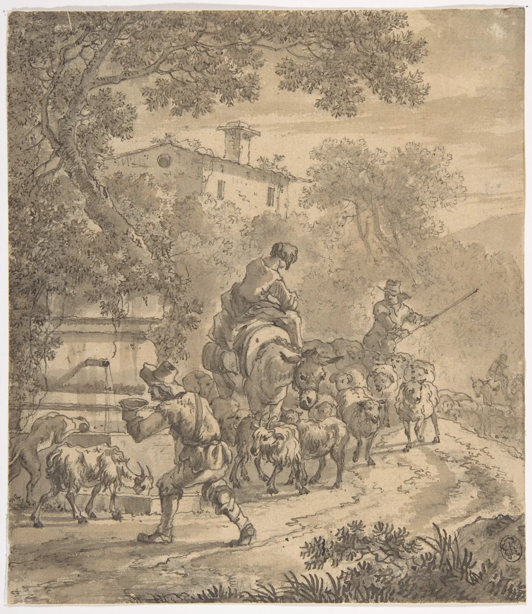 Landscape with Shepherds and their Flock by Adriaen van der Cabel, drawing, 1640-1705
