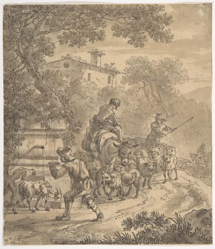 Landscape with Shepherds and their Flock by Adriaen van der Cabel, drawing, 1640-1705