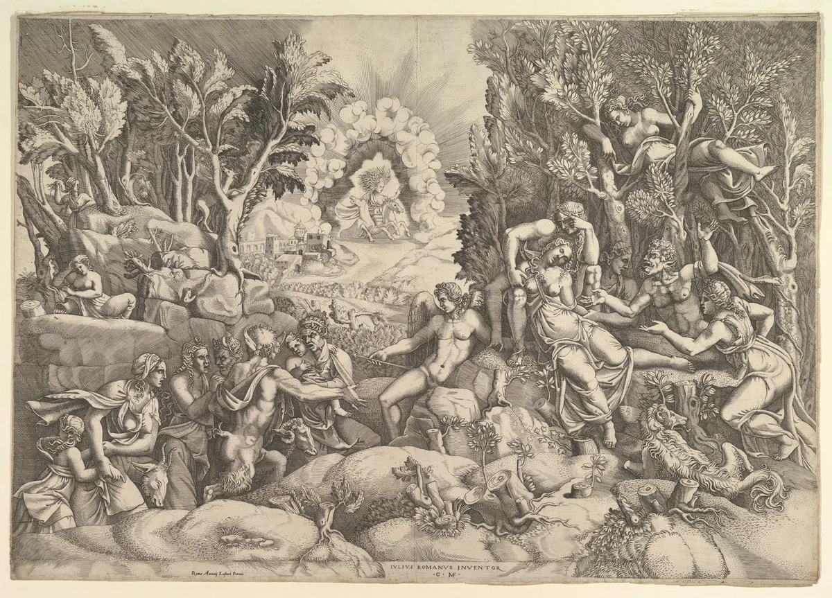 The Death of Procris; Cephalus mournig the death of Procris on the right surrounded by Cupid and mourning satyrs and nymphs, the goddess of dawn in her chariot in the background by Giorgio Ghisi, print, 1520-1582