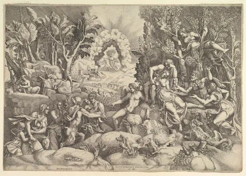 The Death of Procris; Cephalus mournig the death of Procris on the right surrounded by Cupid and mourning satyrs and nymphs, the goddess of dawn in her chariot in the background by Giorgio Ghisi, print, 1520-1582