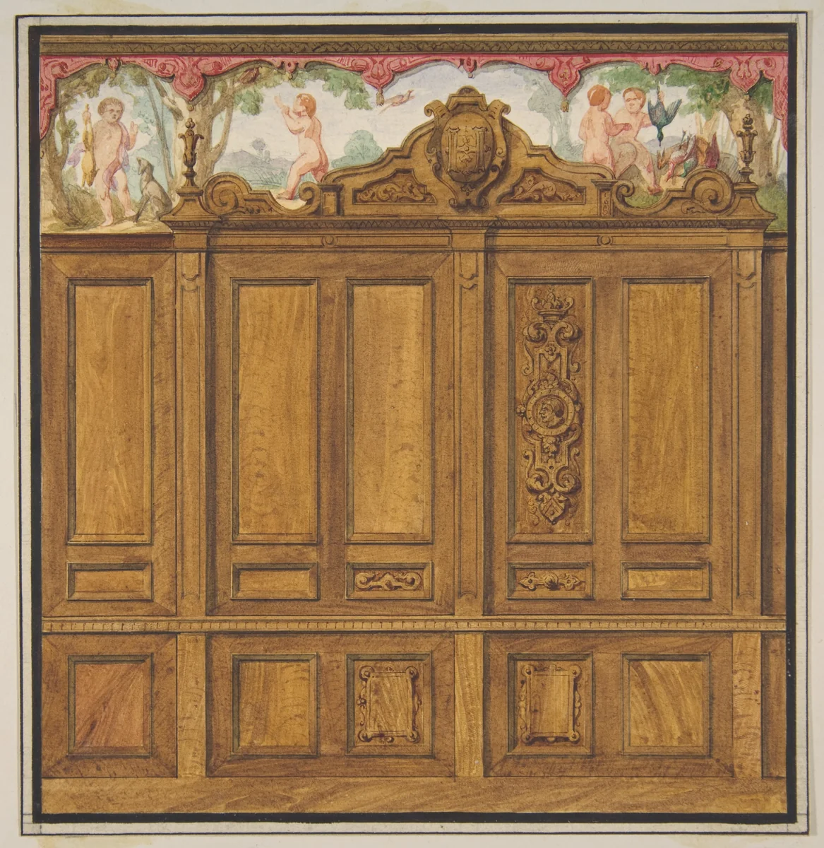 Design for the decoration of a room with a large wood-paneled cupboard surmounted by the monogram: H by Jules-Edmond-Charles Lachaise, drawing, 1830-1897