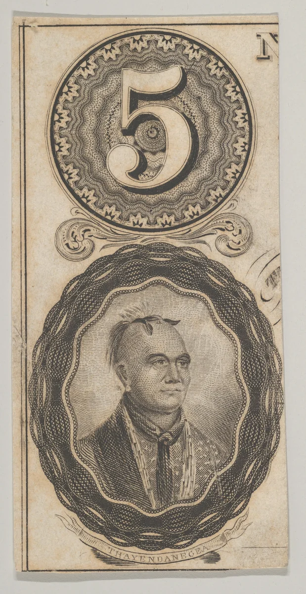 Banknote motifs: the number 5 and a portrait of Thayendanegea by Asher Brown Durand, print, 1819-1837