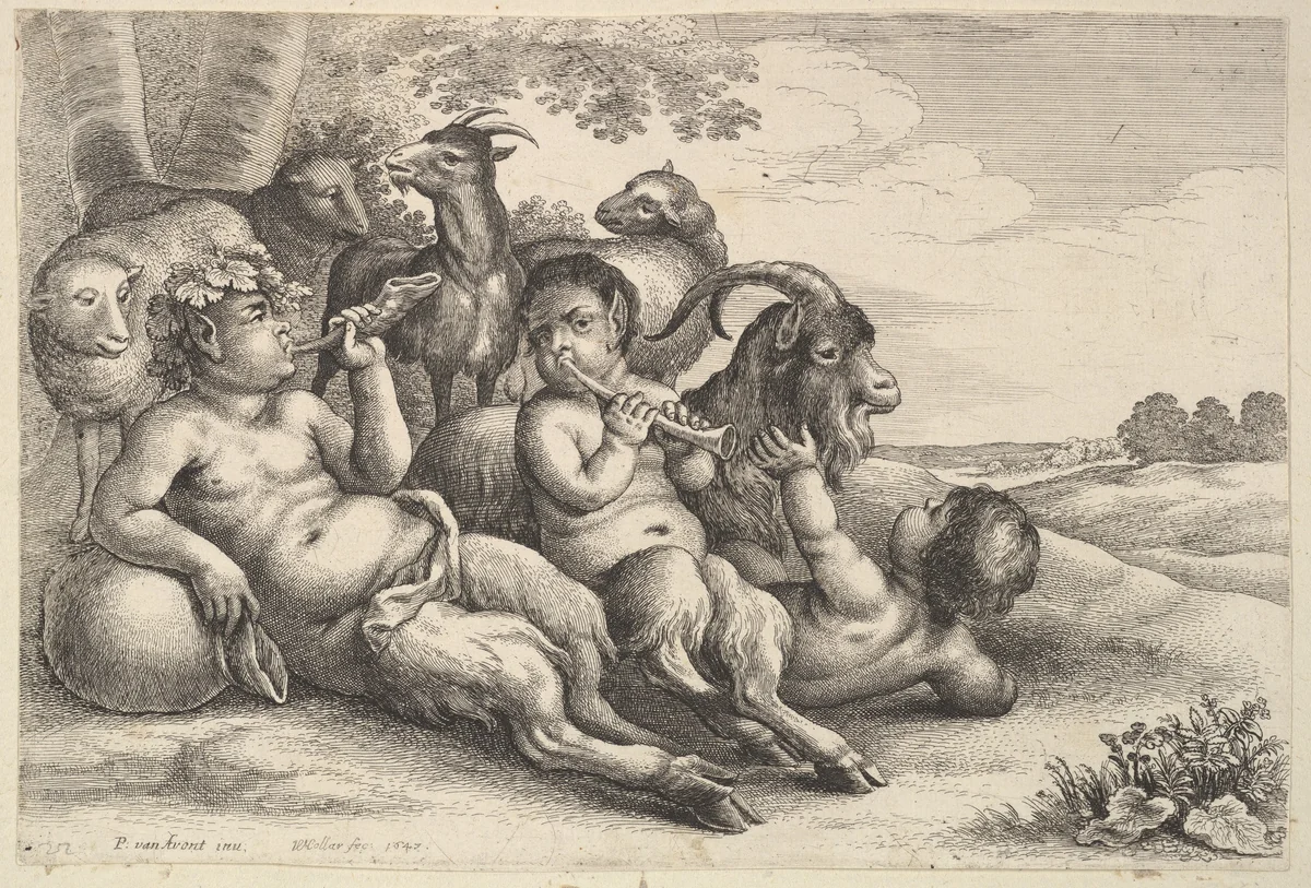 Two young satyrs and a boy by Wenceslaus Hollar, print, 1647