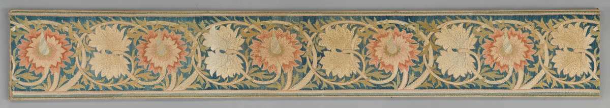 Five pink flowers with foliated tendrils by Morris & Company, textile, 1875-1899