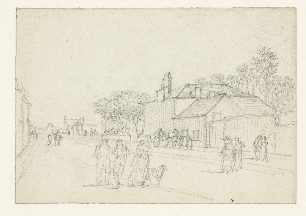 Passanten in een brede straat, links een gendarme, een man, vrouwen en hond by Georges Michel, drawing, 1773-1843
