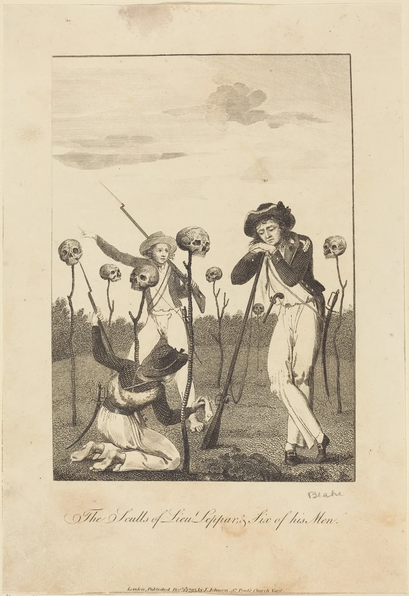 The Sculls of Lieut Leppar, & Six of his Men by William Blake; John Gabriel Stedman, print, 1793