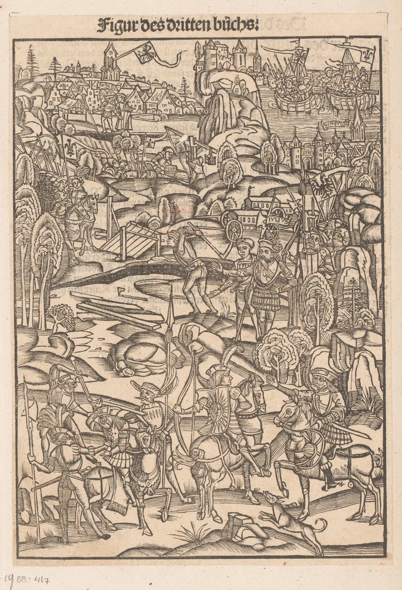 Veldslag van Julius Caesar in de omgeving van Venetië by anonymous, print, 1508