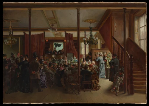 Auction Sale in Clinton Hall, New York, 1876 by Ignacio de León, painting, 1876