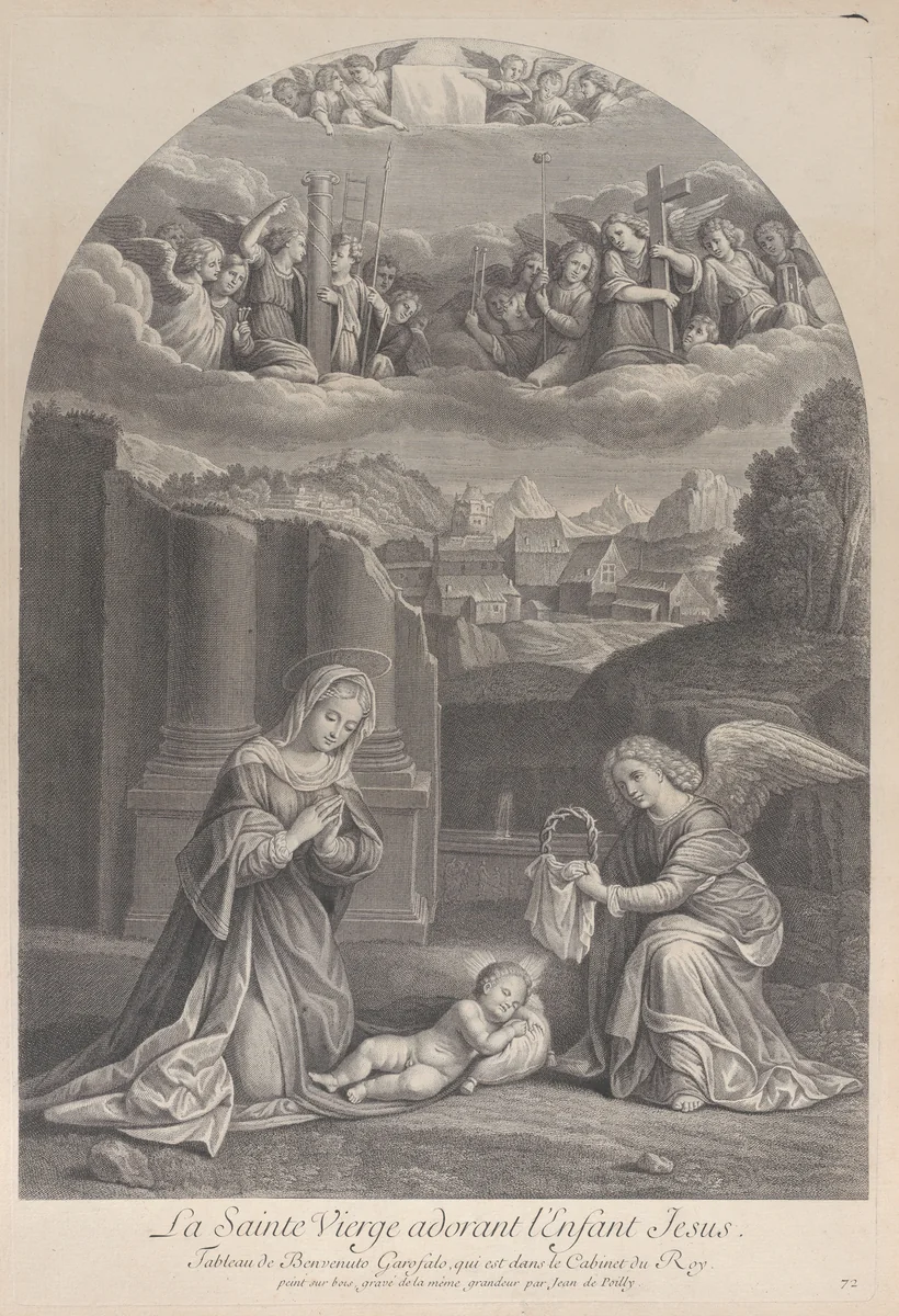 The Virgin Mary adoring the Christ child, an angel holding a crown of thorns at right by Frédéric Horthemels, print, 1724-1734