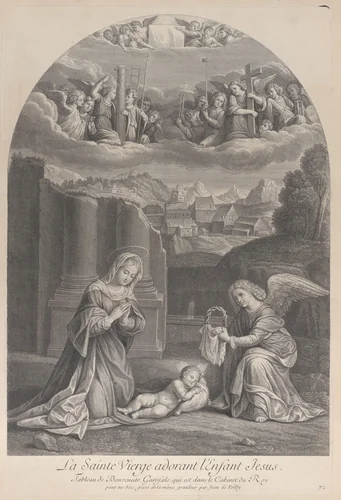 The Virgin Mary adoring the Christ child, an angel holding a crown of thorns at right by Frédéric Horthemels, print, 1724-1734