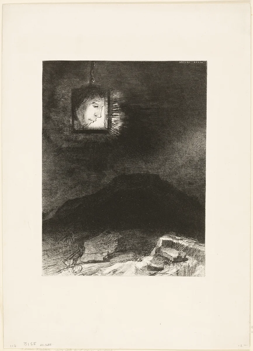 Precarious Glimmering, a Head Suspended from Infinity, plate 3 of 6 by Odilon Redon, print, 1891