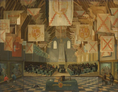 Interior of the Great Hall on the Binnenhof in The Hague, during the Great Assembly of the States-General in 1651 by Bartholomeus van Bassen, painting, 1651