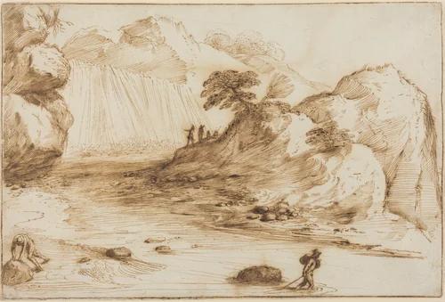 Landscape with a Waterfall by Guercino, drawing, 1591-1666