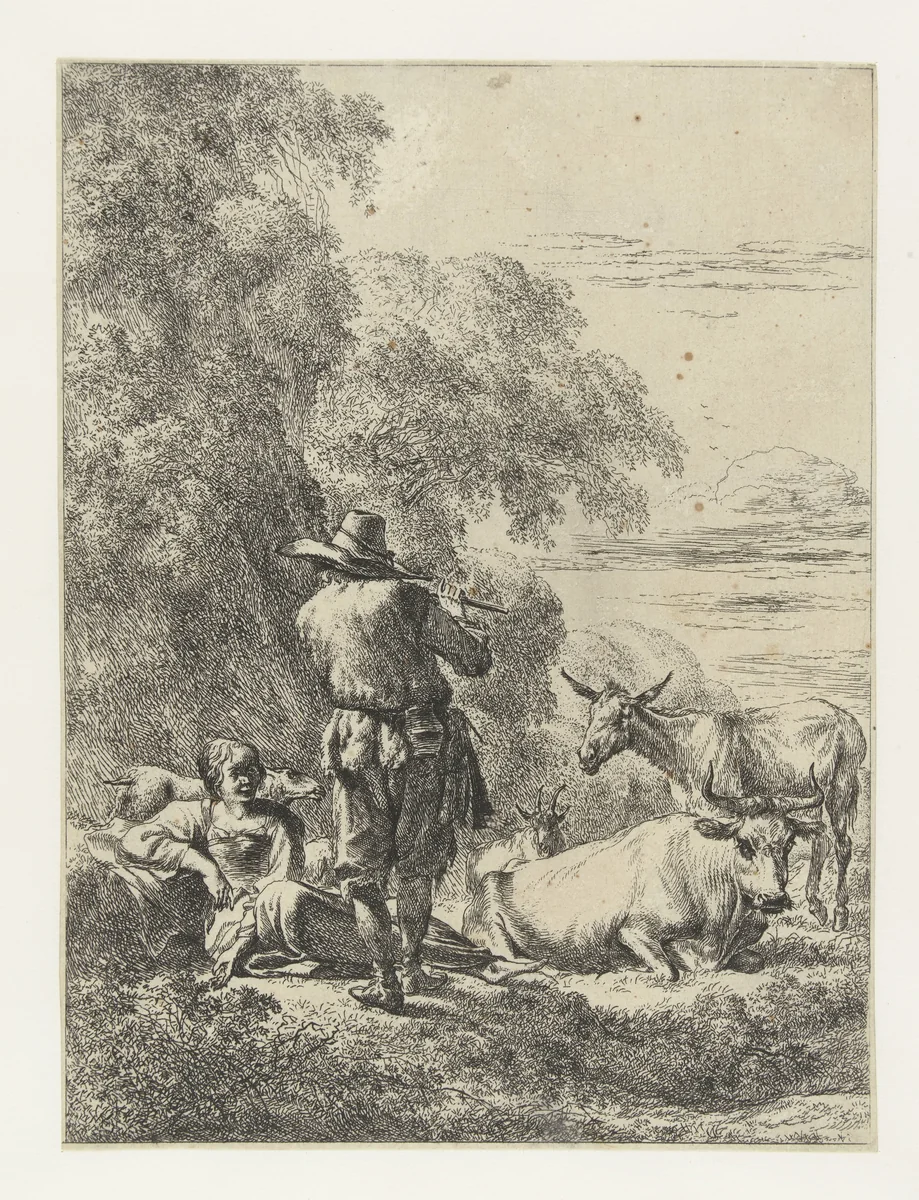 Fluitspelende herder by Nicolaes Pietersz Berchem, print, 1645-1650