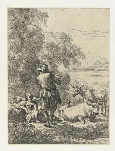Fluitspelende herder by Nicolaes Pietersz Berchem, print, 1645-1650