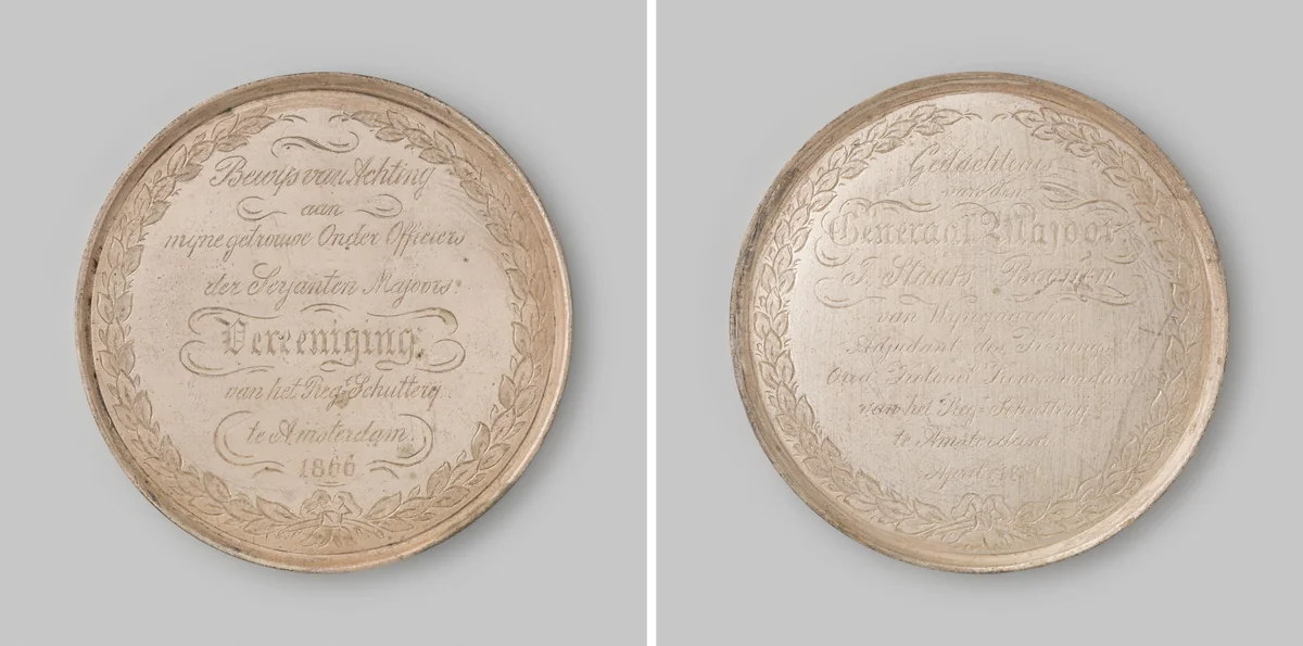 Gedenkpenning door generaal-majoor J. Staats Boonen vereerd aan de Sergeant-majoors Vereeniging van het regiment schutterij te Amsterdam by anonymous, metalwork, 1866