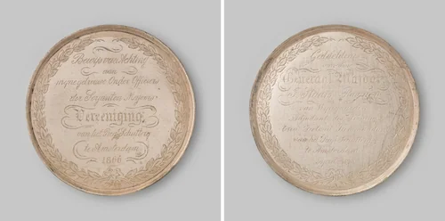 Gedenkpenning door generaal-majoor J. Staats Boonen vereerd aan de Sergeant-majoors Vereeniging van het regiment schutterij te Amsterdam by anonymous, metalwork, 1866