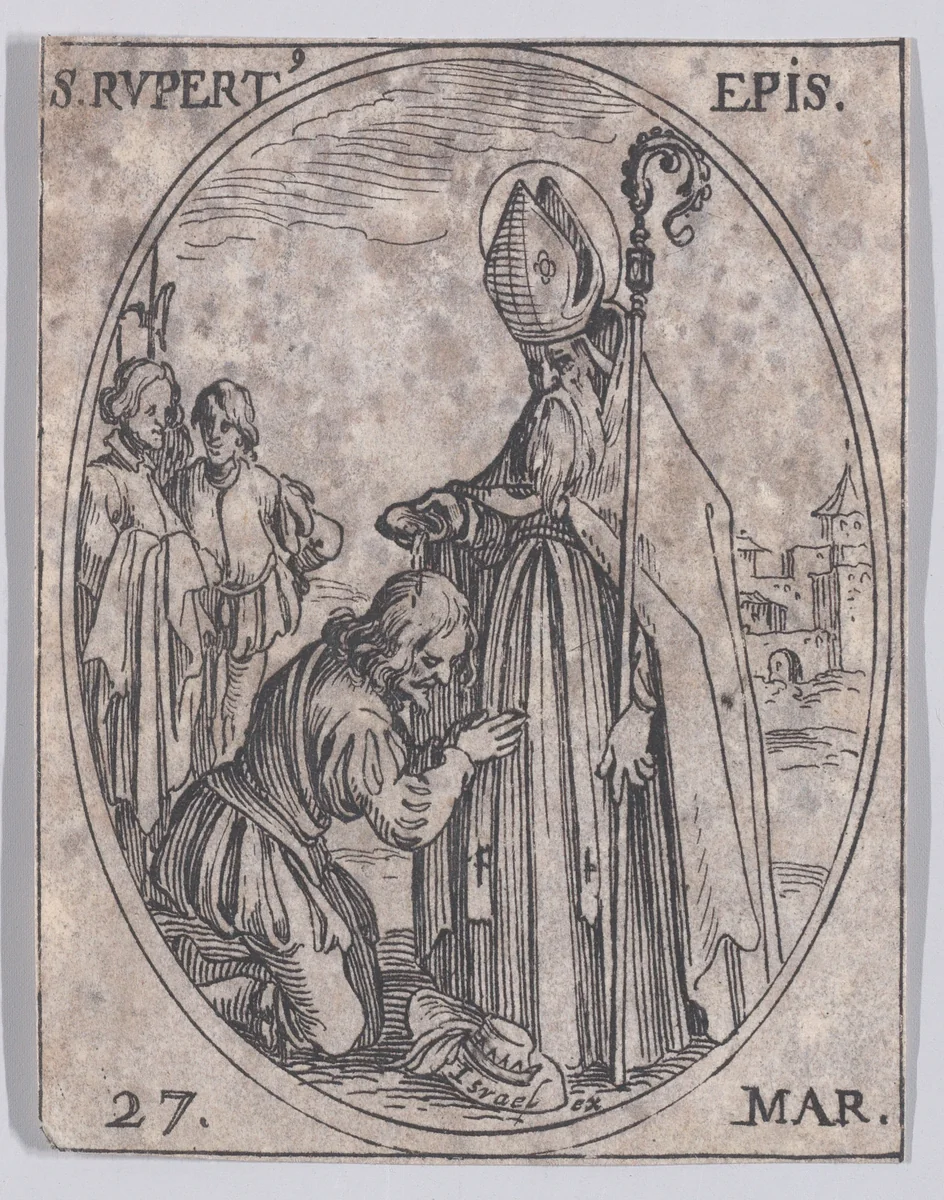S. Rupert, évêque (St. Rupert, Bishop), March 27th, from "Les Images De Tous Les Saincts et Saintes de L'Année" (Images of All of the Saints and Religious Events of the Year) by Jacques Callot, print, 1636