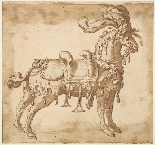 Horse Dressed Up for a Tournament or Ceremonial Entry by Baccio del Bianco, drawing, 1604-1656