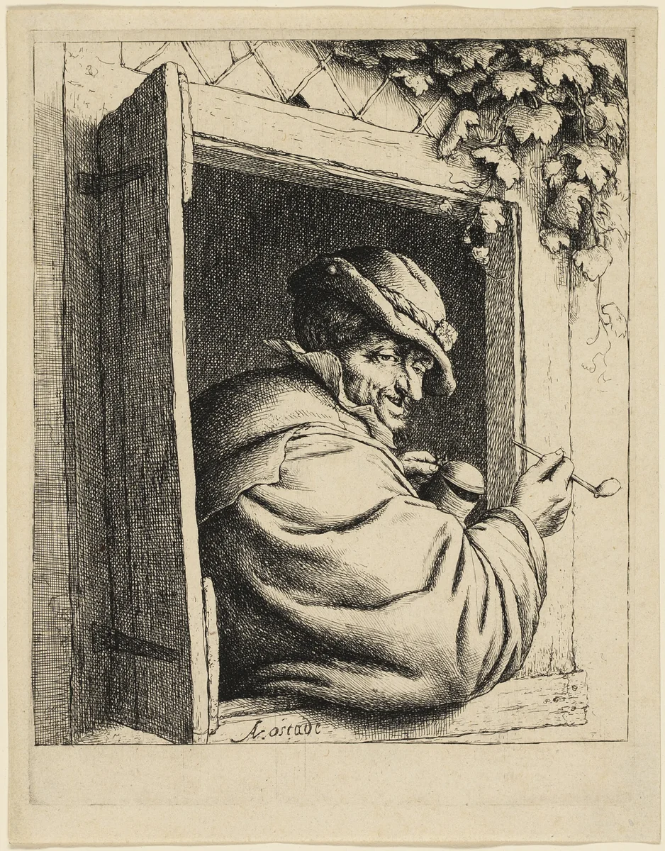 The Smoker at the Window by Adriaen van Ostade, print, 1643-1655