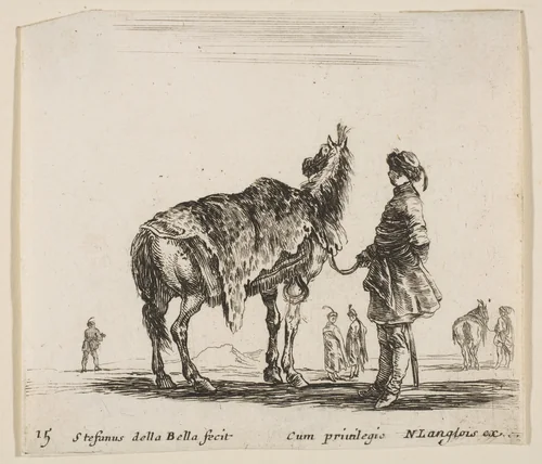 A Polish nobleman, facing away, holding his horse covered in leopard skin, four men and a horse in background, plate 15 from "Diversi capricci" by Stefano della Bella, print, 1639-1649