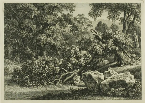 Landscape with Pan Playing a Flute by Johann Christian Reinhart, print, 1792-1798