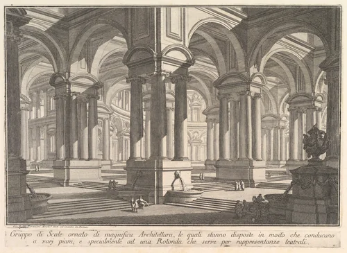 Stairways adorned by magnificient architecture... (Gruppo di Scale ornato di magnifica Architettura...), from "Prima Parte di Architettura, e Prospettive" by Giovanni Battista Piranesi, print, 1745-1755