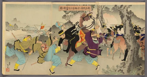 Lieutenant Commander Sakakibara Fighting Bravely to the South of Ximucheng (Takubokujo nan ni oite Sakakibara shosa funsen no zu) by Adachi Ginko, print, 1895