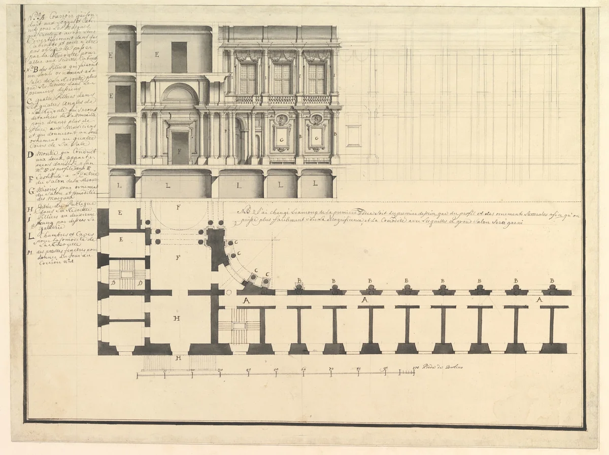 Half Longitudinal Section and Half Plan by Giuseppe Galli Bibiena, drawing, 1745-1755