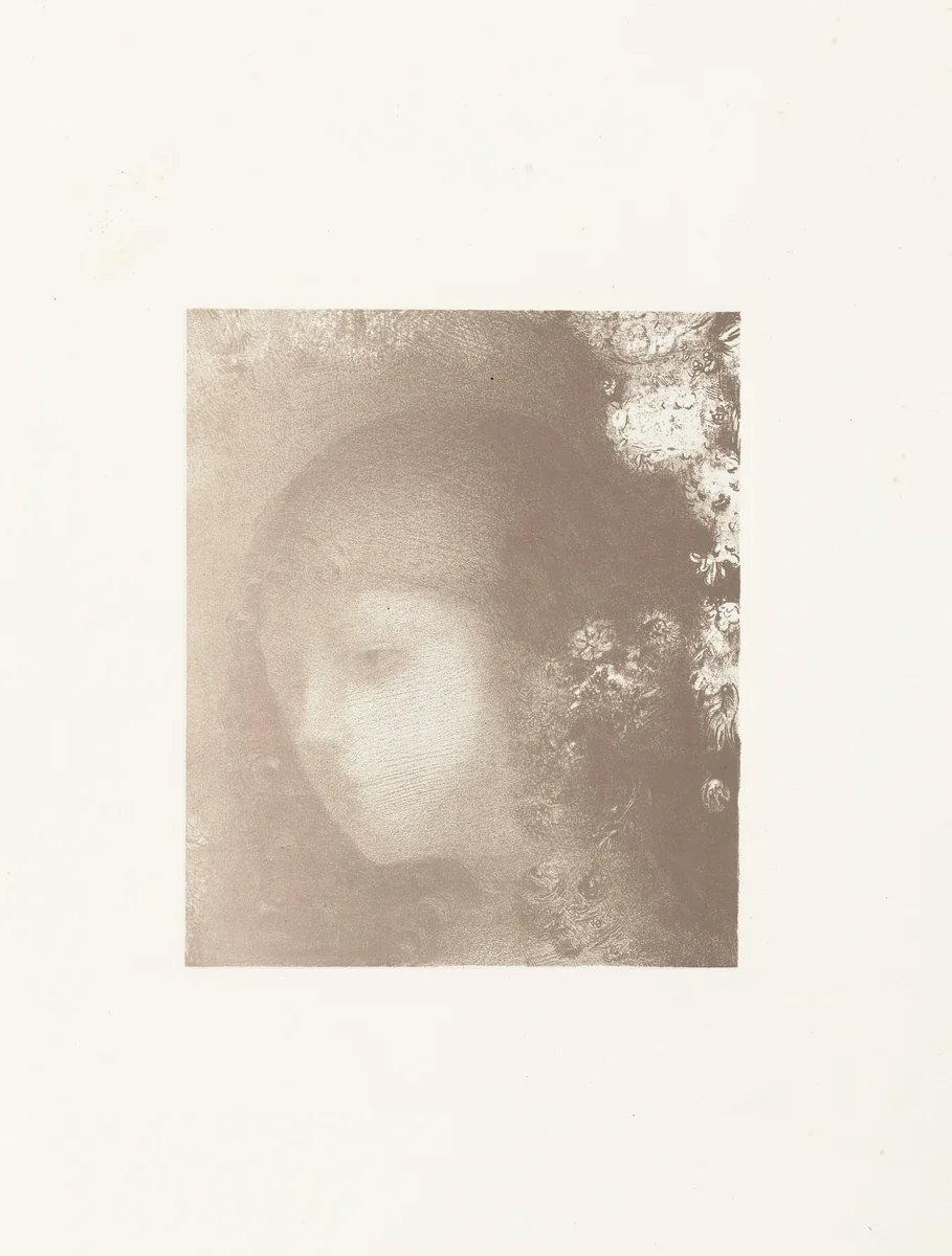 Kinderhoofd met bloemen by Odilon Redon, print, 1897