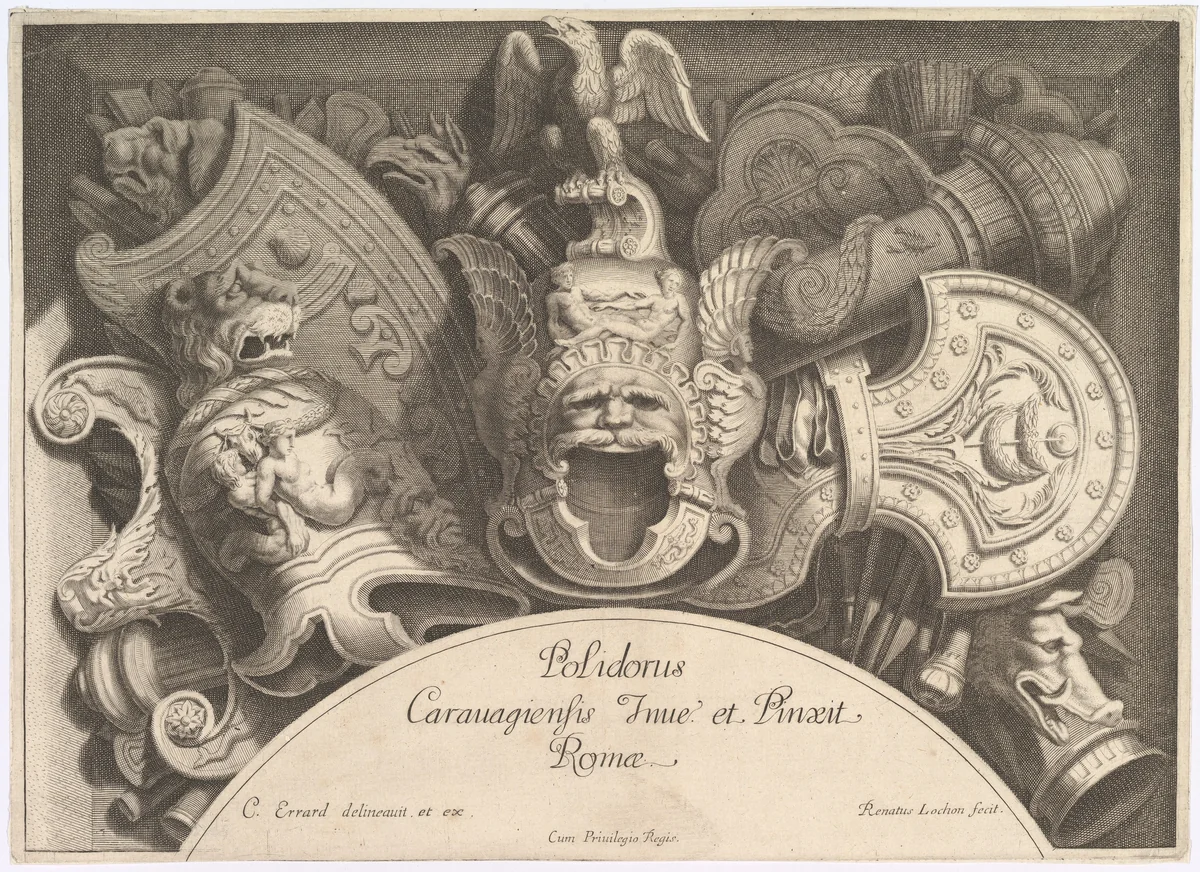 Plate from "Divers Trophées" (Weapon Trophies after the Façade of Palazzo Milesi in Rome) by Polidoro da Caravaggio, print, 1651