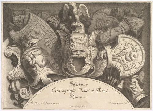 Plate from "Divers Trophées" (Weapon Trophies after the Façade of Palazzo Milesi in Rome) by Polidoro da Caravaggio, print, 1651