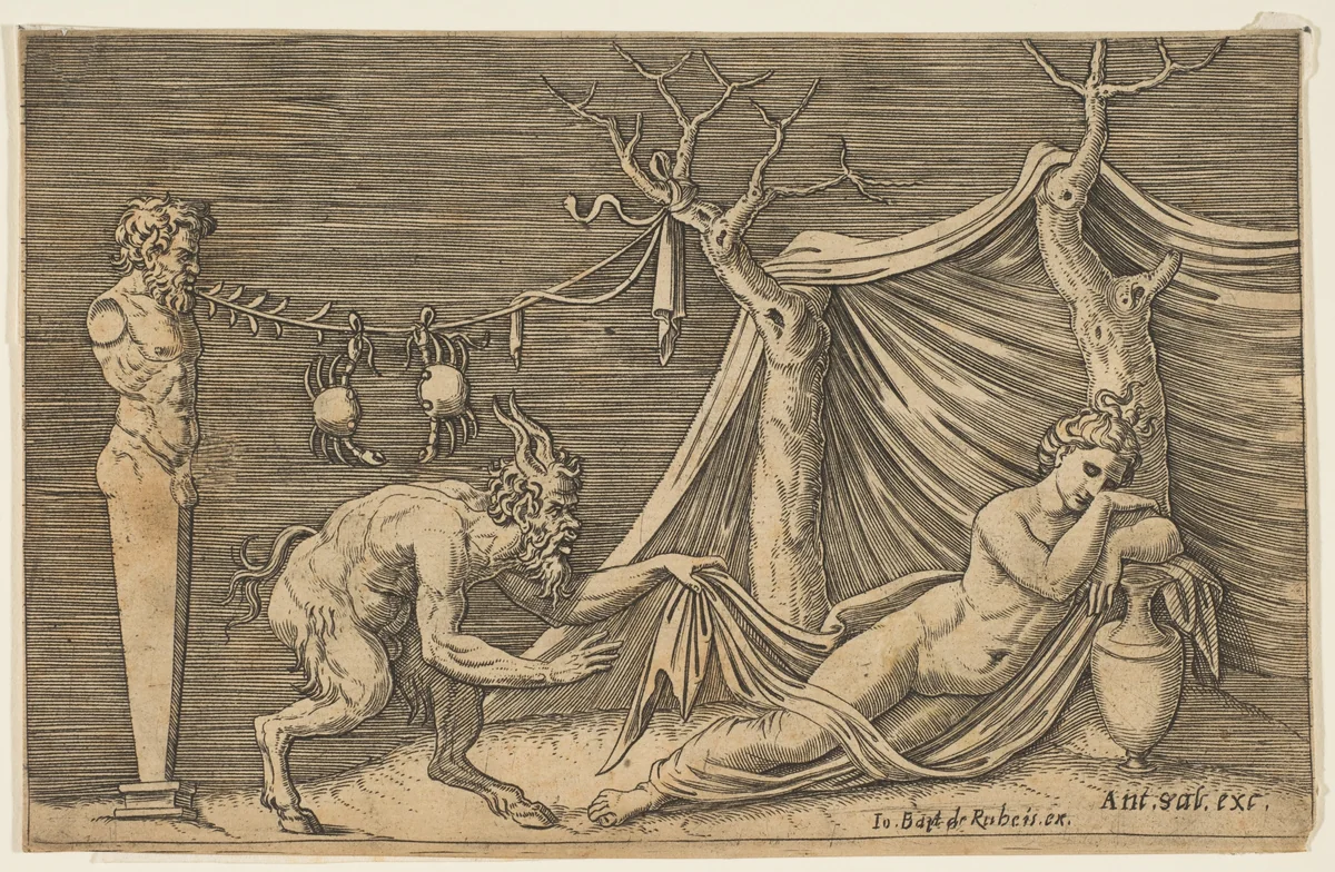 A satyr discovering a sleeping woman; two crabs hanging from a rope which is strung between a term and a tree by Marco Dente, print, 1510-1532
