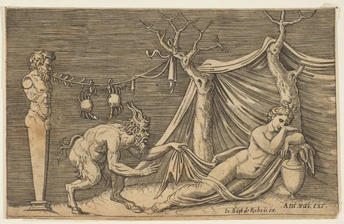 A satyr discovering a sleeping woman; two crabs hanging from a rope which is strung between a term and a tree by Marco Dente, print, 1510-1532