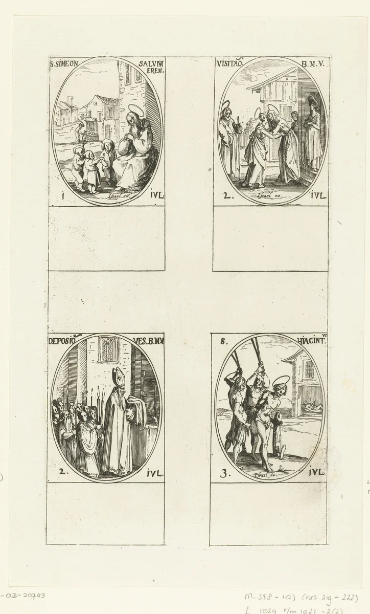 Heilige Simeon van Emesa, Visitatie, Zegening van de kleding van Maria, Heilige Hyacinthus (1-3 juli) by Jacques Callot, print, 1632-1636