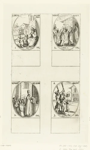 Heilige Simeon van Emesa, Visitatie, Zegening van de kleding van Maria, Heilige Hyacinthus (1-3 juli) by Jacques Callot, print, 1632-1636