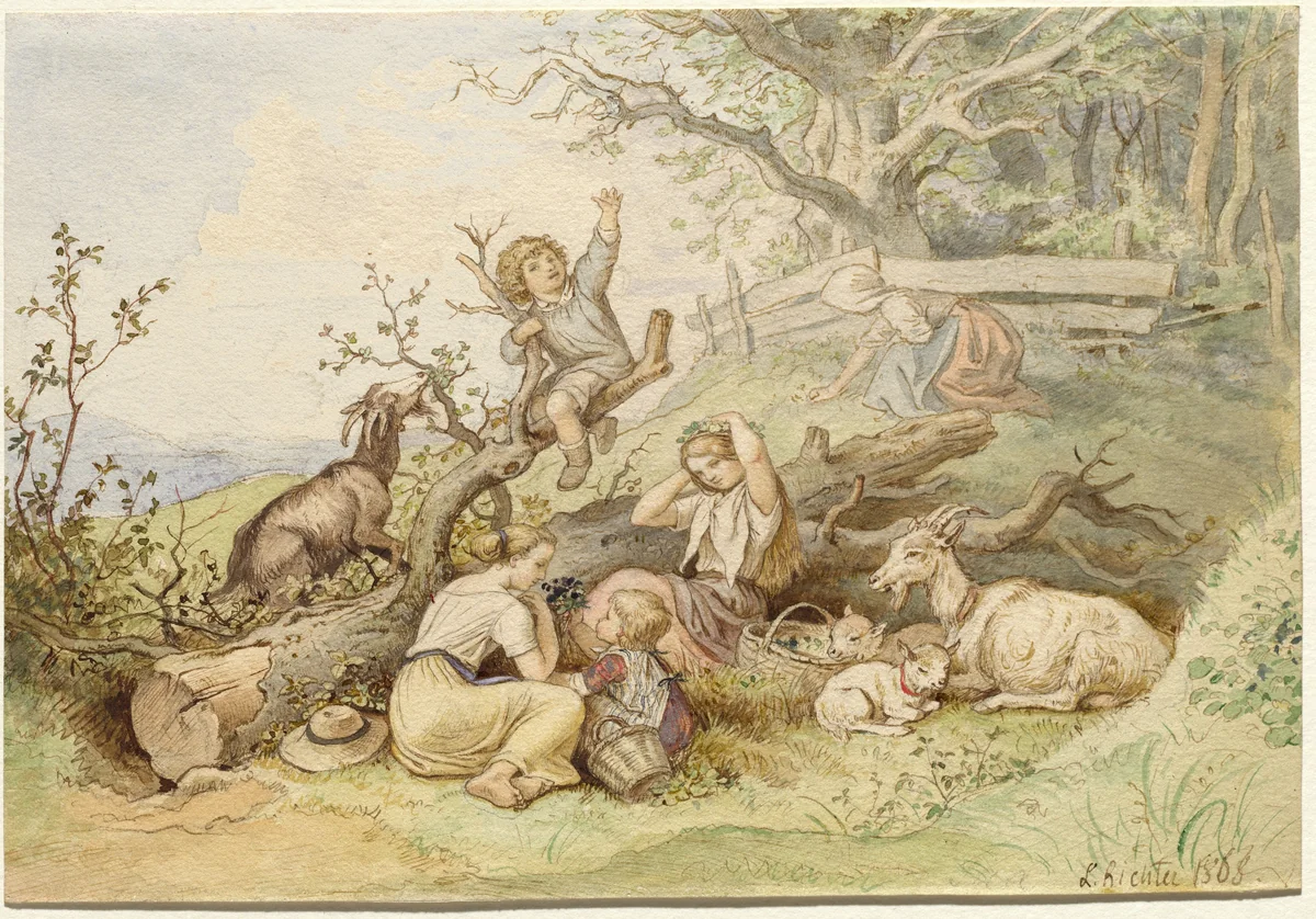 Children and Goats Resting by a Felled Tree by Ludwig Richter, drawing, 1868
