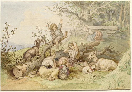 Children and Goats Resting by a Felled Tree by Ludwig Richter, drawing, 1868