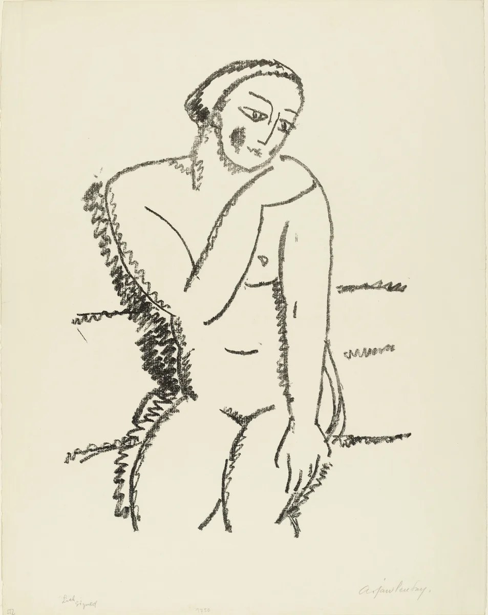 Seated Female Nude (With Right Hand on the Left Shoulder) (Sitzender weiblicher Dreiviertelakt (die rechte Hand auf der linken Schulter)) by Alexei Jawlensky, print, 1920