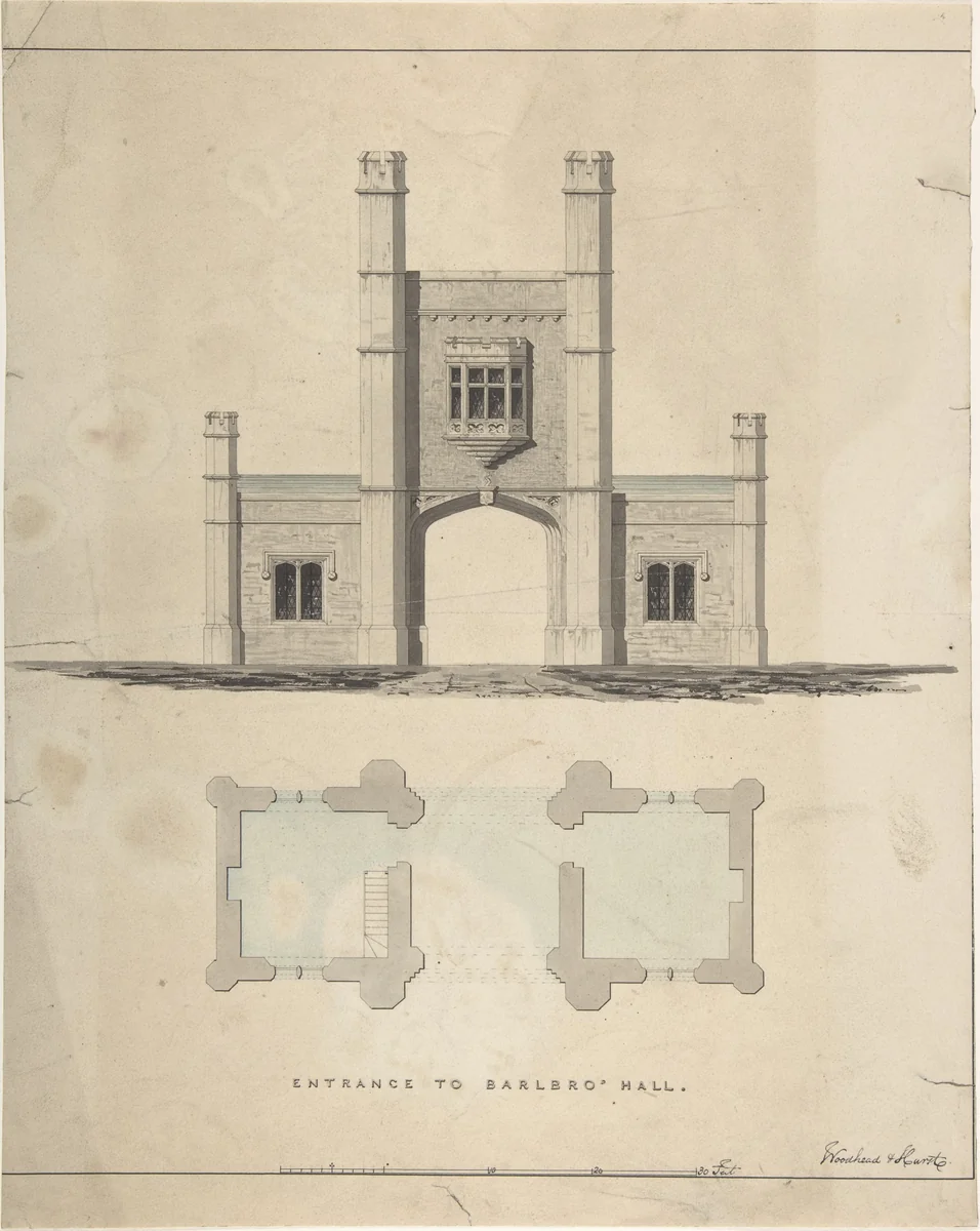 Entrance to Barlboro' Hall by William Hurst, drawing, 1815-1825